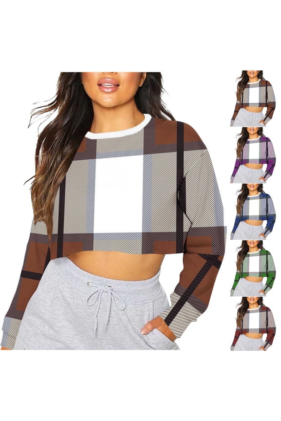 Womens Plaid Cropped Sweatshirt Oversized Crewneck Pullover Crop Tops Trendy Casual Going Out Top Brown M