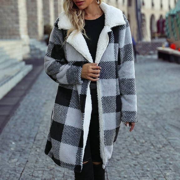 DDAPJ pyju Womens Plaid Fleece Jackets Long Shacket Jacket Open Front Notched Lapel Trench Coat Fuzzy Warm Winter Coats with Pockets Black S
