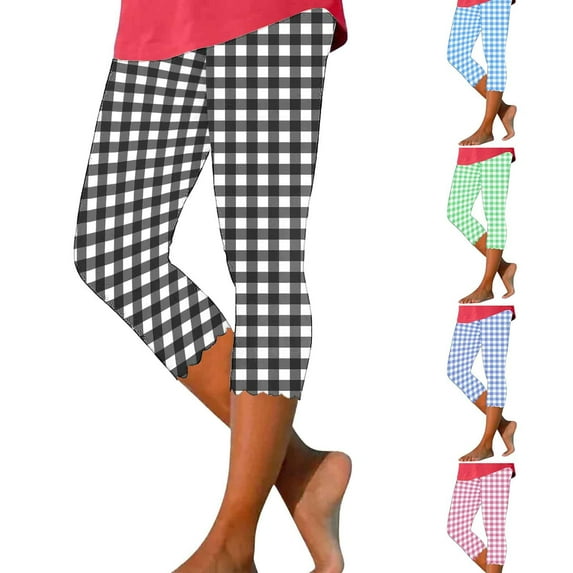 DDAPJ pyju Womens Plaid Printed Capri Leggings 4 Way Stretch High Waisted Yoga Capris Buttery Soft Casual Milk Silk Legging Summer Cropped Pants Black S