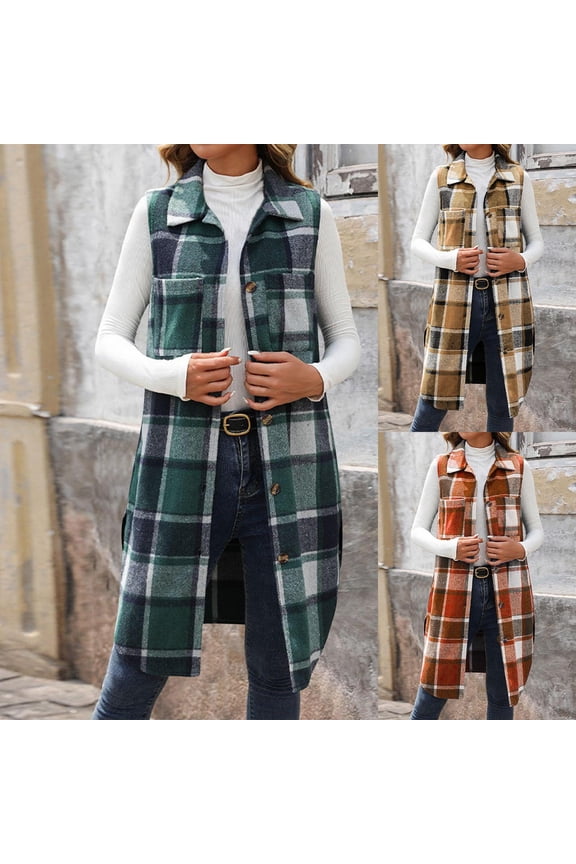 Womens Plaid Shacket Jacket Sleeveless Tartan Trench Coat Oversized Button Down Shirt Jackets with Pockets Khaki XL