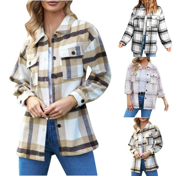 DDAPJ pyju Womens Plaid Shacket Oversized Boyfriend Shirt Jacket Trendy Casual Wool Blend Coat with Pockets Pink L