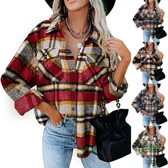 DDAPJ pyju Womens Plaid Shacket Wool Blend Shirt Jacket Checkered Work Shirts with Pockets Wine M