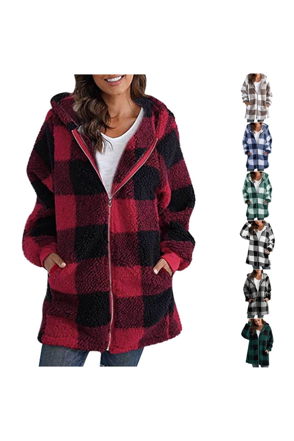 Womens Plaid Sherpa Jacket Zip Up Hooded Coat Fuzzy Fleece Warm Loose Outerwear with Pockets Army Green L