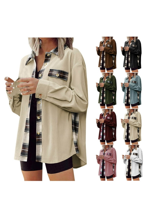 Womens Plaid Shirt Jacket Button Down Corduroy Shackets Trendy Casual Fall Jackets with Pocket Pink S