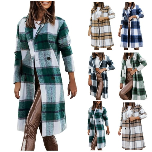 DDAPJ pyju Womens Plaid Trench Coat Notched Lapel Double Breasted Pea Coat Winter Woolen Coats Long Shacket Jacket with Pockets Blue XL