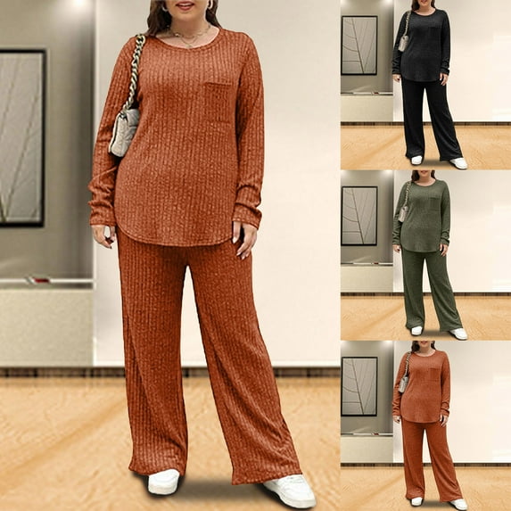 DDAPJ pyju Womens Plus Size 2 Piece Lounge Set Ribbed Knit Long Sleeve Pullover Tops Wide Leg Pants Matching Sets Cozy Sweater Loungewear Red XXXXL
