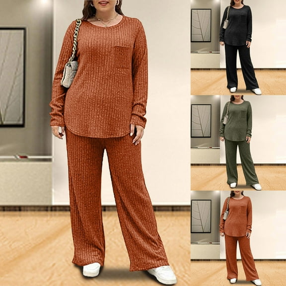 DDAPJ pyju Womens Plus Size 2 Piece Lounge Set Ribbed Knit Long Sleeve Pullover Tops Wide Leg Pants Matching Sets Cozy Sweater Loungewear Black XXXXXL