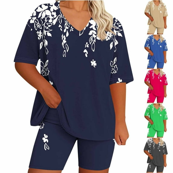 DDAPJ pyju Womens Plus Size 2 Piece Outfits Boho Floral Summer Shorts Sets Matching Lounge Set Yoga Track Suits Ofertas Flash Khaki XXXXL
