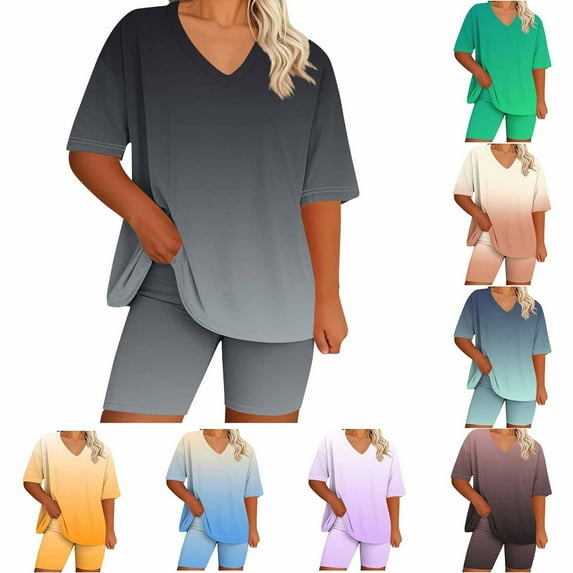 DDAPJ pyju Womens Plus Size 2 Piece Outfits Summer Shorts Sets Gradient Color Lounge Set Yoga Track Suits Ofertas de hoy Green XXXXXL