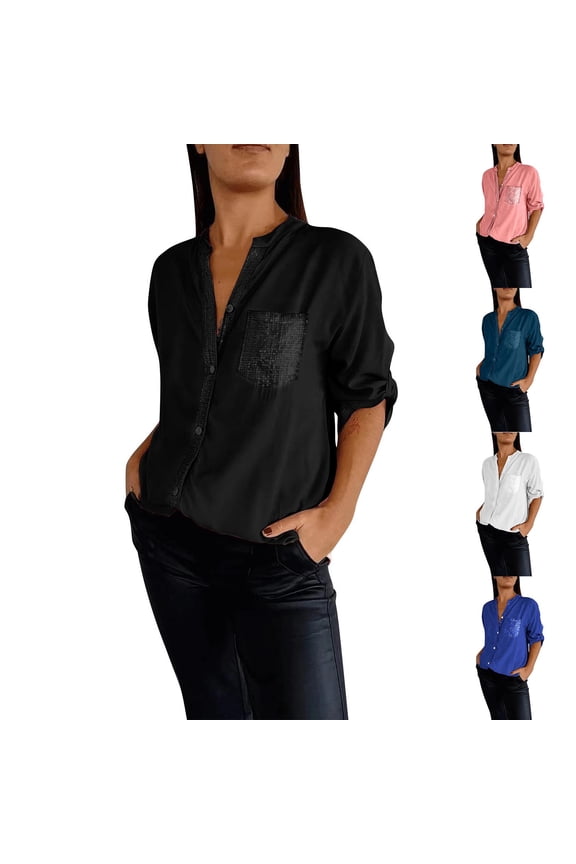 Womens Plus Size Button Down Shirts Sequin Patchwork Tops Band Collar Long Sleeve Disco Party Shirt Ofertas de la semana Dark Blue L