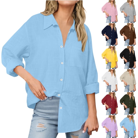 DDAPJ pyju Womens Plus Size Button Down Shirts Cotton Linen Dress Shirts Oxford Shirts Long Sleeve Work Blouses Collared Tops with Pocket Limited Time Sales Blue XXXXL