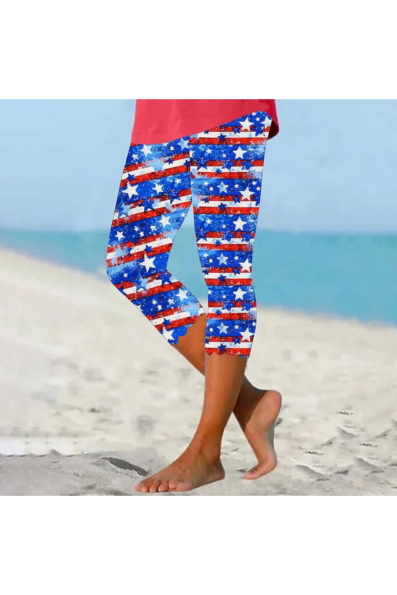 Womens Plus Size Capri Leggings 4th of July Patriotic Casual Summer Capris High Waisted Knee Length Yoga Workout Compression Pants Lightning Sales of Today Blue L