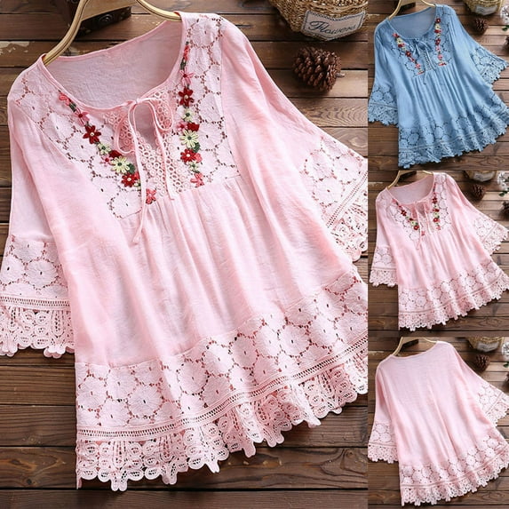 DDAPJ pyju Womens Plus Size Cotton Linen Blouse 3/4 Sleeve Lace Patchwork Tops Vintage Floral Embroidery Shirt Loose Flowy Tunic T-Shirt Sky Blue XXXXL