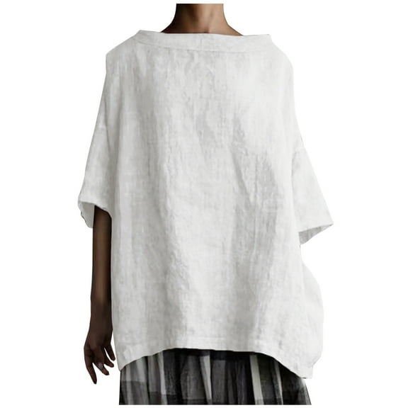 DDAPJ pyju Womens Plus Size Cotton Linen Blouses Boat Neck 3/4 Sleeve Tops Basic Solid Casual Loose Blouse T-shirt Breathable Summer Shirts White L