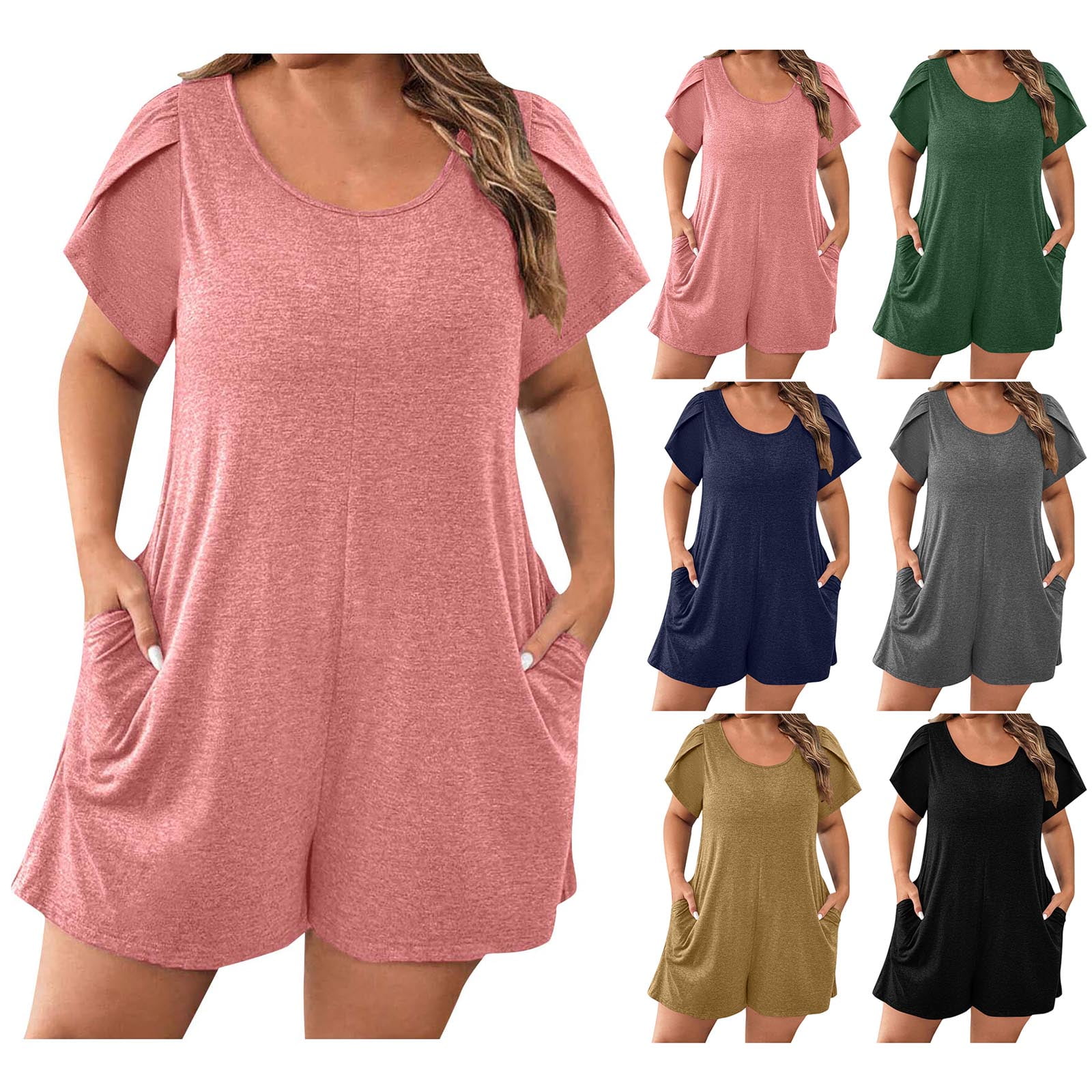 DDAPJ pyju Womens Plus Size Jumpsuit Shorts Petal Short Sleeve Tunic ...