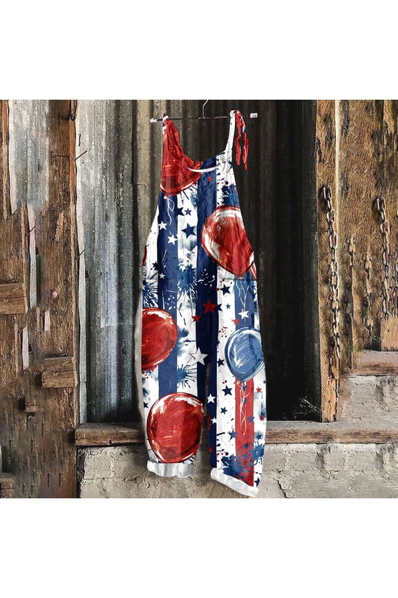 Womens Plus Size Jumpsuits 4th of July Patriotic Overalls American Flag Playsuit Summer Casual Wide Leg Rompers with Pockets Lighten Sales of The Day Blue#4 XXXXL