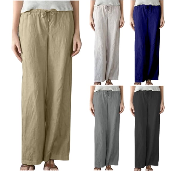 DDAPJ pyju Womens Plus Size Linen Pants Drawstring High Waisted Wide Leg Palazzo Trousers Loose Flowy Beach Pants with Pockets Prime Sales of The Day White XXL