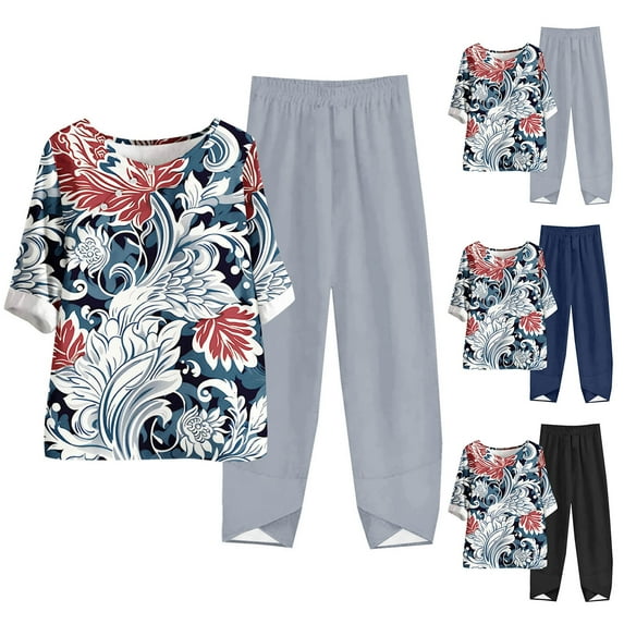 DDAPJ pyju Womens Plus Size Linen Pants Sets Trendy Summer Beach 2 Piece Outfits Boho Floral Print Half Sleeve Blouse Tops and Elastic Waist Capri Pants Lounge Matching Set Birthday Gifts Navy XXXL