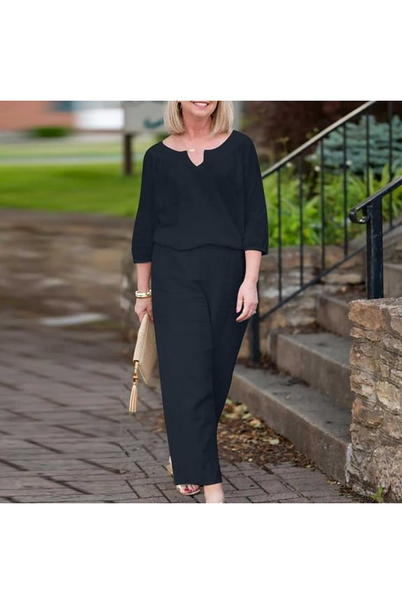 Womens Plus Size Loungewear Summer Cotton Linen 2 Piece Outfits 3/4 Sleeve V Neck Top and Wide Leg Pants Matching Lounge Sets Pilates Yoga Tracksuits Dark Blue L