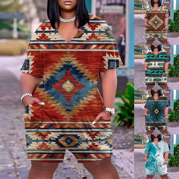 DDAPJ pyju Womens Plus Size Shorts Jumpsuits Oversized Short Sleeve V Neck Short Rompers Ethnic Geometric Print Casual Loose Overalls with Pockets Big Sale Sky Blue XXXXXL