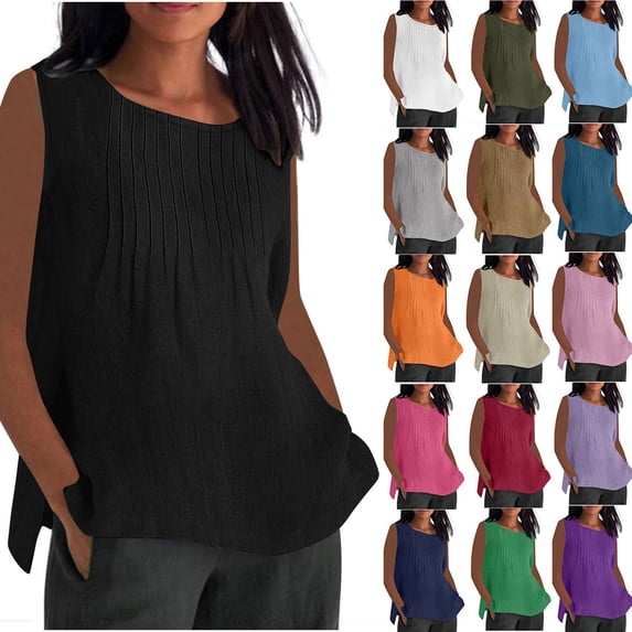 DDAPJ pyju Womens Plus Size Tank Tops Sleeveless Crewneck Pleated Shirt Side Slit Blouse Tees Flowy Beach Top Big Sales Today Khaki S