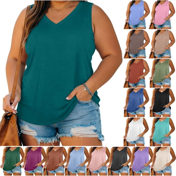 DDAPJ pyju Womens Plus Size Tank Tops Summer Sleeveless V Neck T Shirts Casual Loose Fit Basic Tees Soft Comfy Lounge Sleep Shirt Watermelon Red L