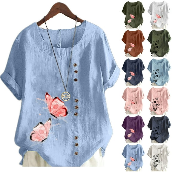 DDAPJ pyju Womens Plus Size Tops Breathable Cotton Linen Shirts Short Sleeve Floral Printed Casual Round Neck Blouses Summer Loose Button Blouse T-shirt White X-
