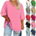 thumbnail image 1 of DDAPJ pyju Womens Plus Size Tops Trendy Casual 3/4 Sleeve T-shirts Loose Fit V Neck Solid Tees Khaki XL, 1 of 6