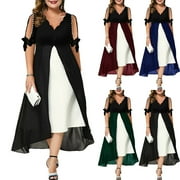 DDAPJ PYJU Womens Plus Size Wedding Guest Party Dresses Cold Shoulder V Neck Maxi Dresses Mesh Patchwork Flowy A Line Dress Formal Evening Gowns Birthday Gifts Black XL