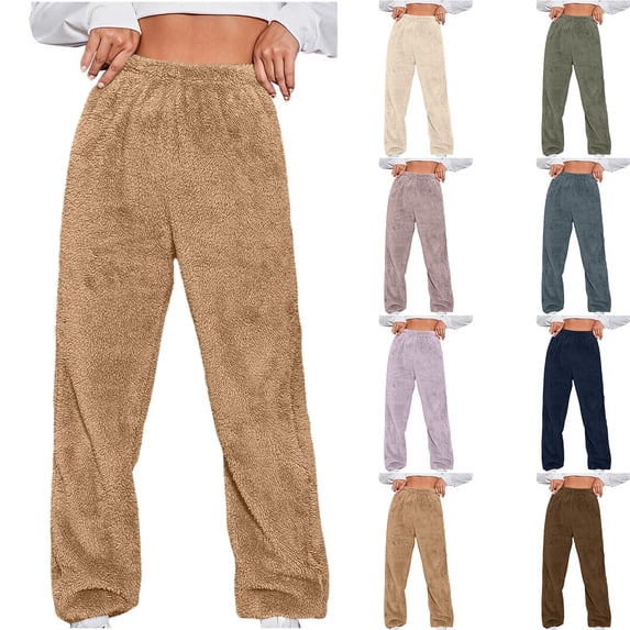DDAPJ pyju Womens Plush Fuzzy Pajama Pants Soft Comfy Fleece Pj Lounge Pants Elastic High Waisted Pajama Bottoms Beige XS
