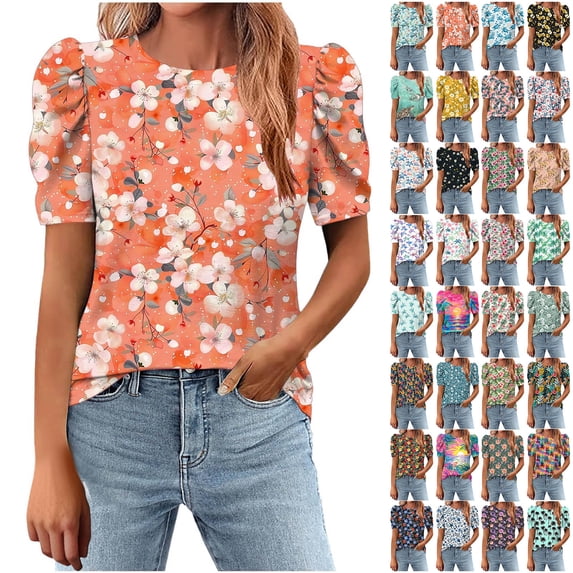 DDAPJ pyju Womens Puff Short Sleeve Tunic Tops Floral Summer Shirt Loose Fit Crewneck Pullover Blouse Lightning Sales of The Day Multicolor L