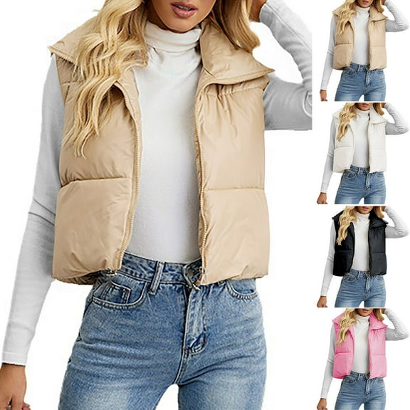 DDAPJ pyju Womens Puffer Vest Sleeveless Zip Up Puffy Cropped Vests Warm Stand Collar Down Vest Lightweight Quilted Vest on Clearance Khaki XL