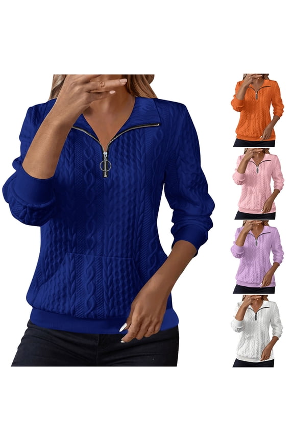 Womens Quarter Zip Hoodies Jacquard Hooded Sweatshirt Fall Casual Long Sleeve Kangaroo Pocket Pullover Hoodie Blue XXL