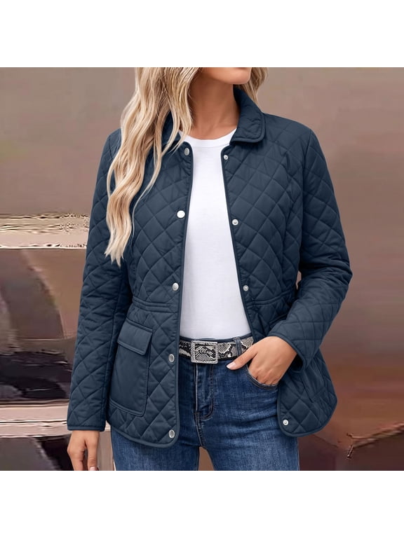 Womens Quilted Barn Jackets Fall Winter Fashion Puffer Coats Lightweight Causal Outerwear Button Down Padded Coat Ladies Jacket M