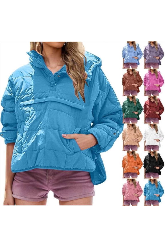 Womens Quilted Puffer Jacket Lightweight Down Hooded Pullover Button Sleeves Oversized Fit Packable with Pockets Orange L