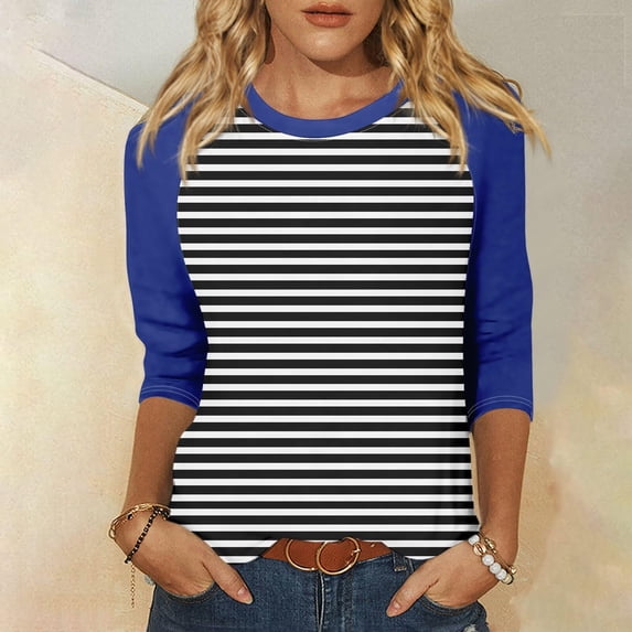 DDAPJ pyju Womens Raglan 3/4 Sleeve Tops Casual Striped T-shirts Color Block Baseball Shirt Loose Fit Mid-length Pullover Dark Blue L