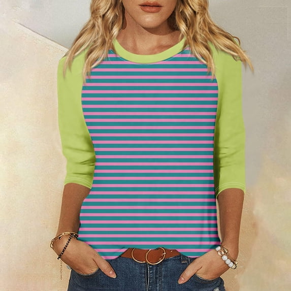 DDAPJ pyju Womens Raglan 3/4 Sleeve Tops Casual Striped T-shirts Color Block Baseball Shirt Loose Fit Mid-length Pullover Green XL