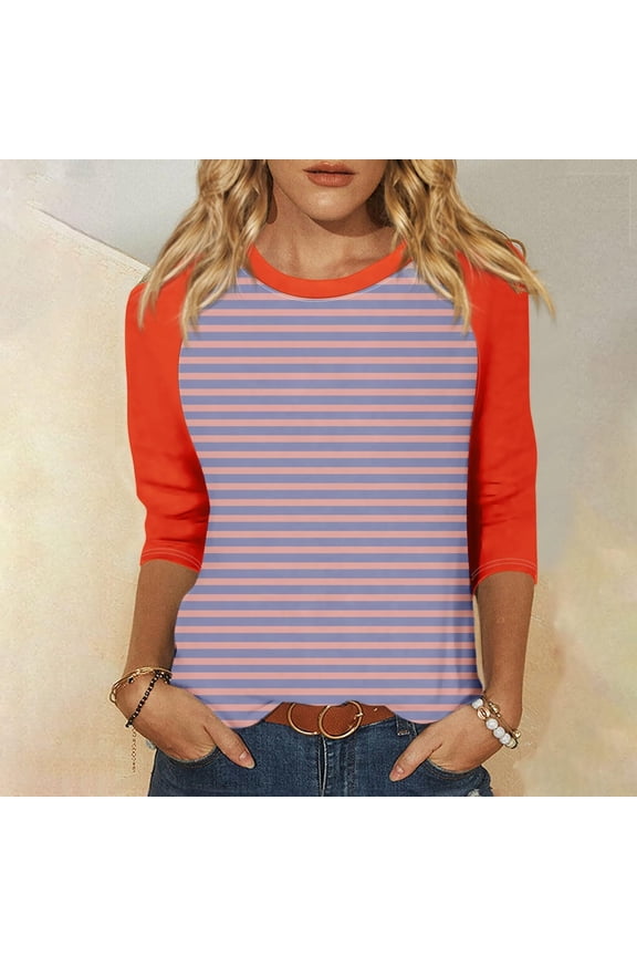 Womens Raglan 3/4 Sleeve Tops Casual Striped T-shirts Color Block Baseball Shirt Loose Fit Mid-length Pullover Birthday Gifts Prime Hot Pink M