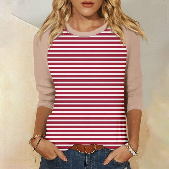 DDAPJ pyju Womens Raglan 3/4 Sleeve Tops Casual Striped T-shirts Color Block Baseball Shirt Loose Fit Mid-length Pullover Multicolor XL