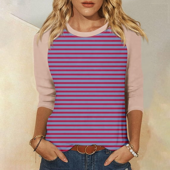 DDAPJ pyju Womens Raglan 3/4 Sleeve Tops Casual Striped T-shirts Color Block Baseball Shirt Loose Fit Mid-length Pullover Purple M