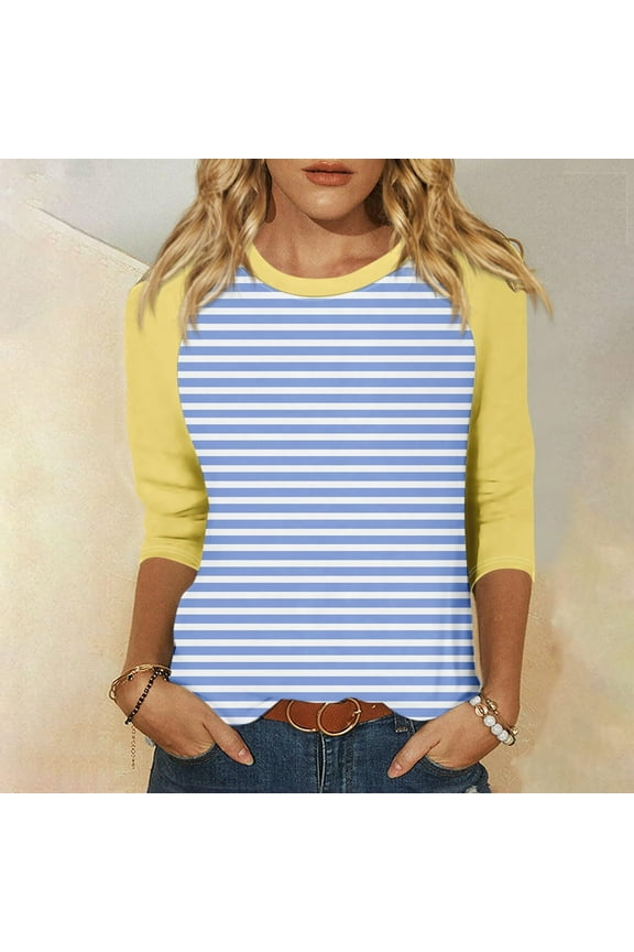 Womens Raglan 3/4 Sleeve Tops Casual Striped T-shirts Color Block Baseball Shirt Loose Fit Mid-length Pullover Yellow M