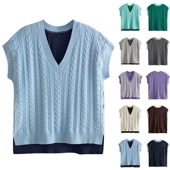 DDAPJ pyju Womens Reversible Sweaters Cap Sleeve V Neck Knit Pullover Sweater Soft Cozy Jumper Tops Blue Free Size