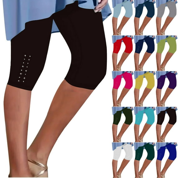 DDAPJ pyju Womens Rhinestone Leggings Butter Soft Stretch Yoga Pants Dressy Casual Summer Knee Length Tights Limited Time Sales White XL