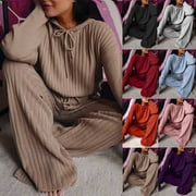 DDAPJ pyju Womens Ribbed Knit 2 Piece Outfit 2023,Plus Size Solid Color Lounge Sets Long Sleeve Hoodie and Straight Pants Matching Set Loose Comfy Tracksuit Fashion Streetwear