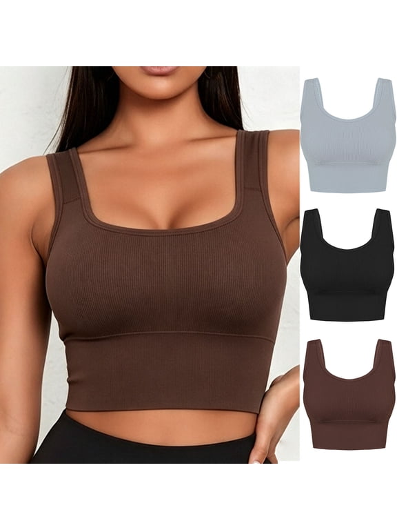 Womens Ribbed Sports Bra Longline Wirefree Padded Yoga Camisole U Back Workout Crop Top Brown XL