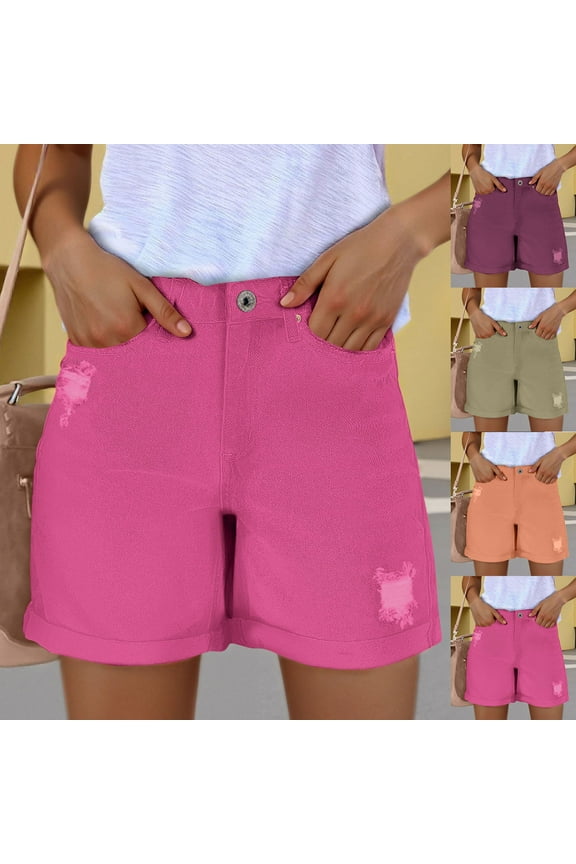 Womens Ripped Jean Shorts Summer Casual Denim Shorts High Waisted Flat Front Chino Jeans Shorts with Pockets Hot Pink XL