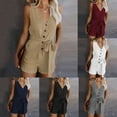 thumbnail image 1 of DDAPJ pyju Womens Rompers Summer Casual V Neck Button Down Belted Jumpsuits Sleeveless Short Pant Romper Outfit with Pockets on Sale Black XXXL, 1 of 6