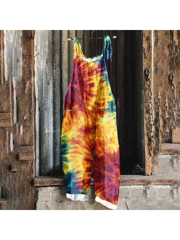 Womens Rompers for Summer Linen Jumpsuits Loose Casual Wide Leg Overalls Tie Dye Print Jumpers Spaghetti Strap One Piece Pants Limited Time Sales of The Day Multicolor XL