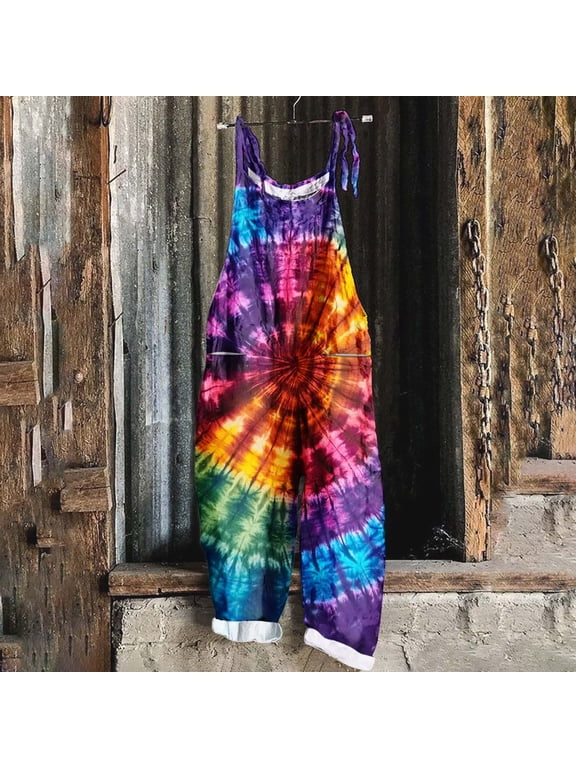 Womens Rompers for Summer Linen Jumpsuits Loose Casual Wide Leg Overalls Tie Dye Print Jumpers Spaghetti Strap One Piece Pants Sales of The Day Clearance Prime Multicolor XXL