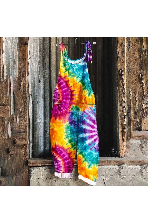 Womens Rompers for Summer Linen Jumpsuits Loose Casual Wide Leg Overalls Tie Dye Print Jumpers Spaghetti Strap One Piece Pants Sales of The Day Clearance Prime Multicolor L
